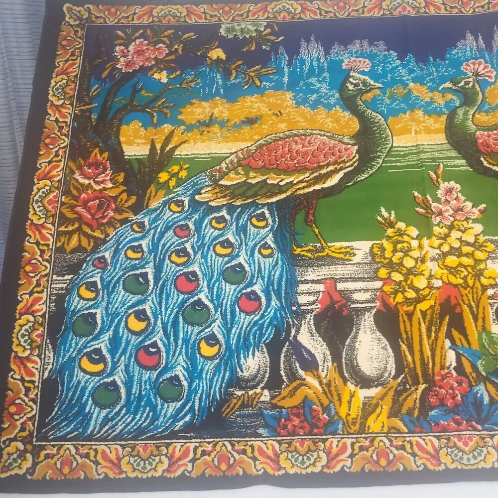 Peacock Theme Wall Rug Vintage Tapestry 1970's Made in Turkey 38 x 51